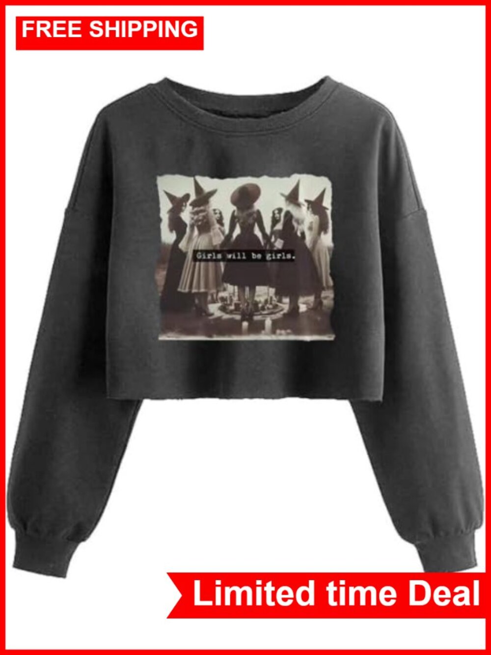 Witch Vintage Graphic Crop Sweatshirt Halloween Pullover